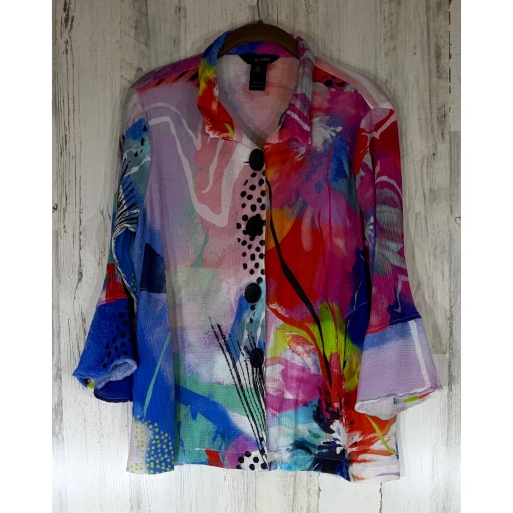 Ali Miles Button Front Top‎ Petite Medium Multicolor Abstract Floral Art to Wear